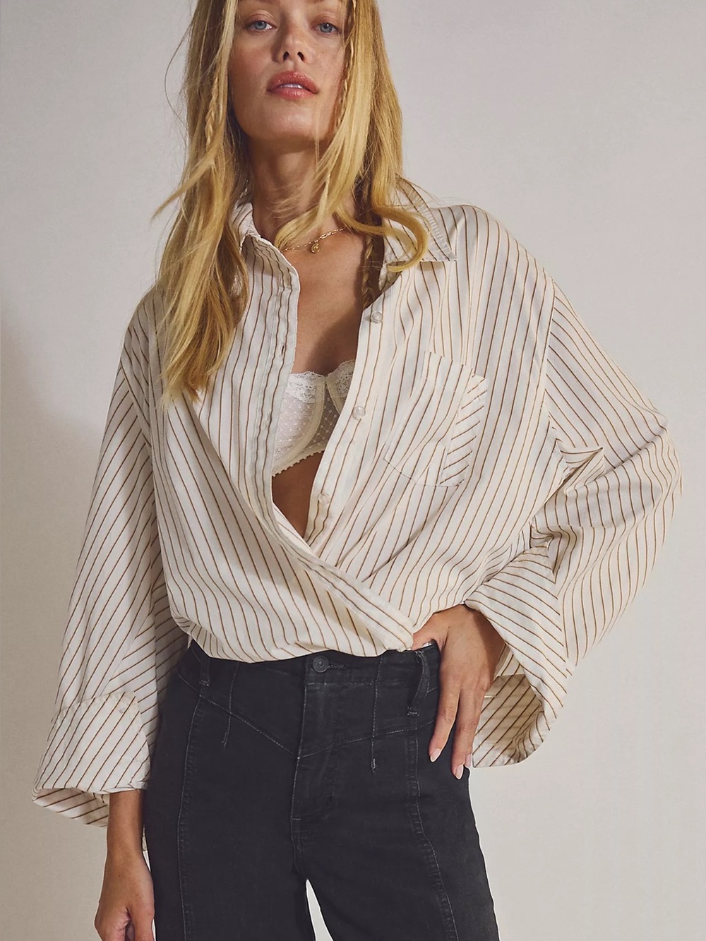 NWT Free People  Sabine Striped Articulated Shirt Blair Stripe - Ecru Combo